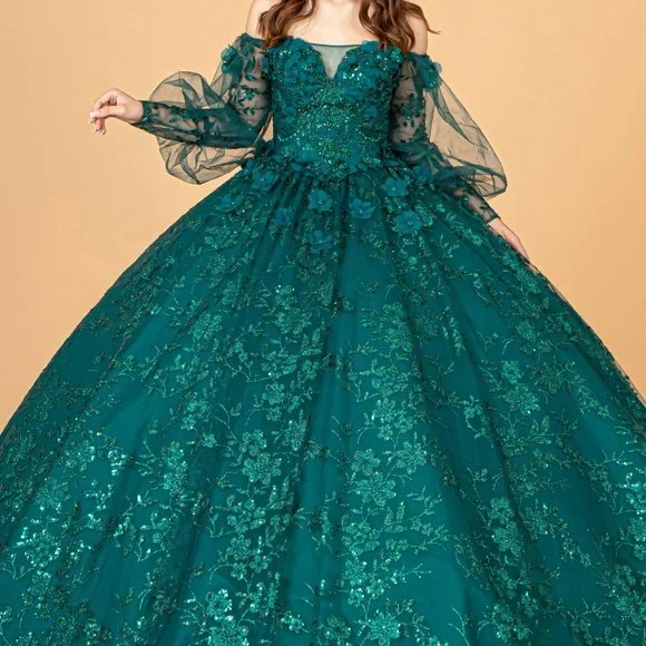 GREEN Mesh Long Sleeves Quinceanera Dress w/ Detachable Ribbon Mini Bag  GL3071